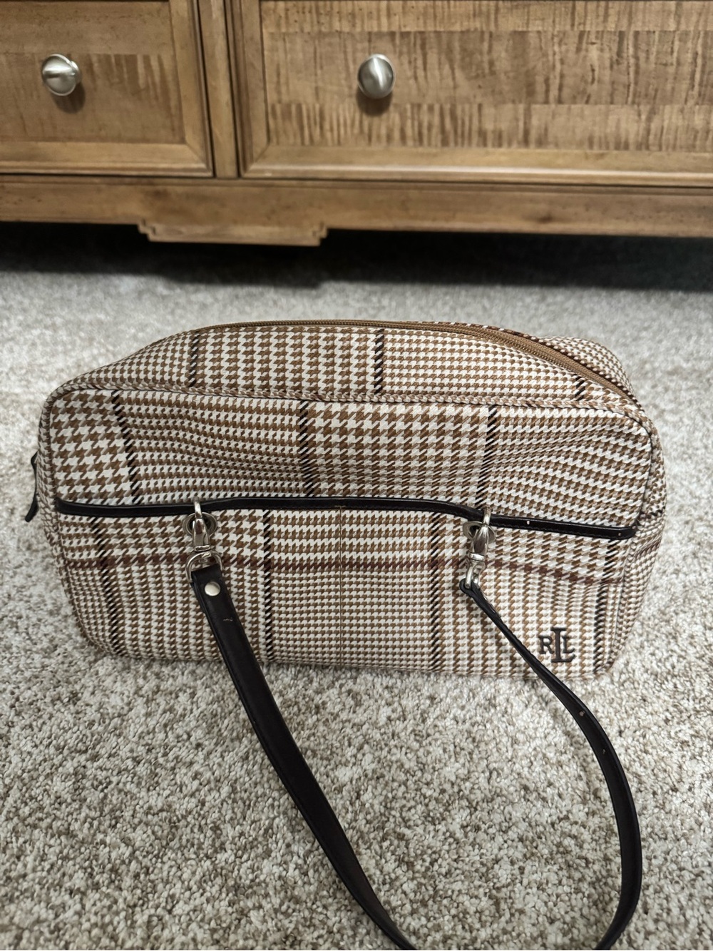 Ralph Lauren Plaid shoulder Bag with Brown Leather Strap